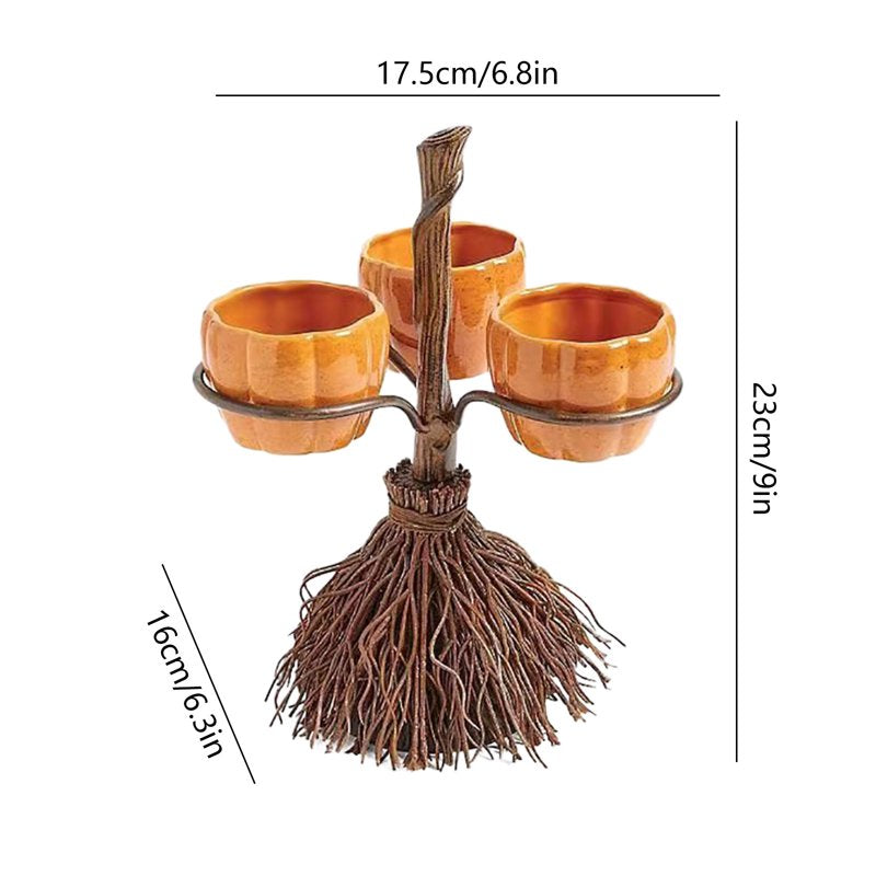 Halloween Candy Bowl Stand with Pumpkin Bowls & Broomstick Base - Variation #002