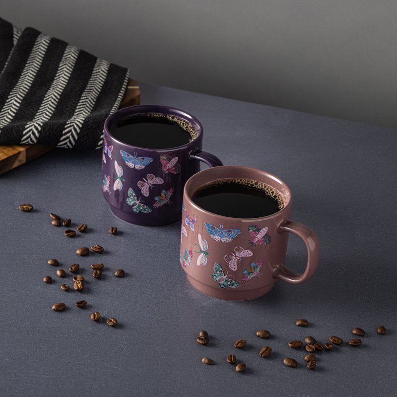 Stacking Butterfly Mugs Set - Purple & Burgundy, 14.2 fl oz