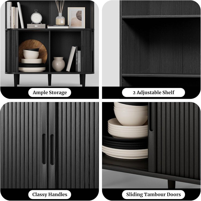 71" Tall Arched Bookshelf - 5-Tier Modern Farmhouse Bookcase with Sliding Doors