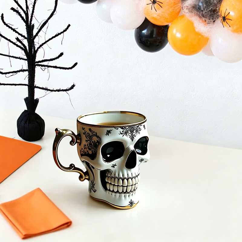 Free Size Gothic Skull Coffee Mug with Gold Trim and Saucer - Halloween Gift for Coffee Lovers