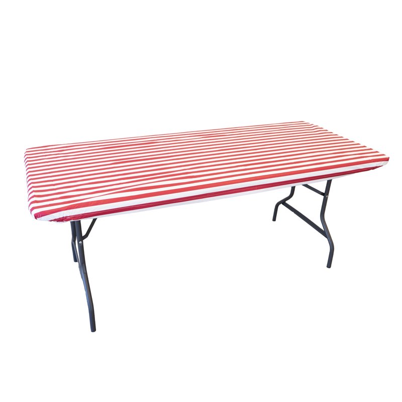 Elastic Fitted Vinyl Table Cover with Flannel Backing - White/Red Stripe, 6Ft