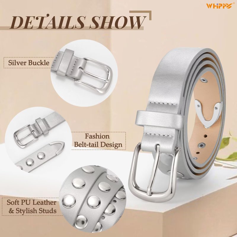 Women's Leather Belt for Jeans & Dresses - Silver, Fits 40-44" - Studded PU Fashion Belt