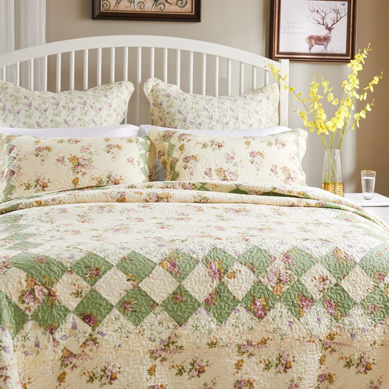 King Size Cotton Patchwork Quilt Set - 3-Piece Authentic Bed Cover