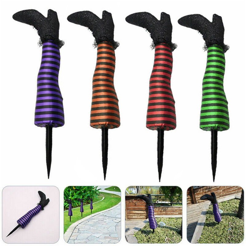 Halloween Witch Legs Yard Stake Decoration - Purple Striped Witch Legs