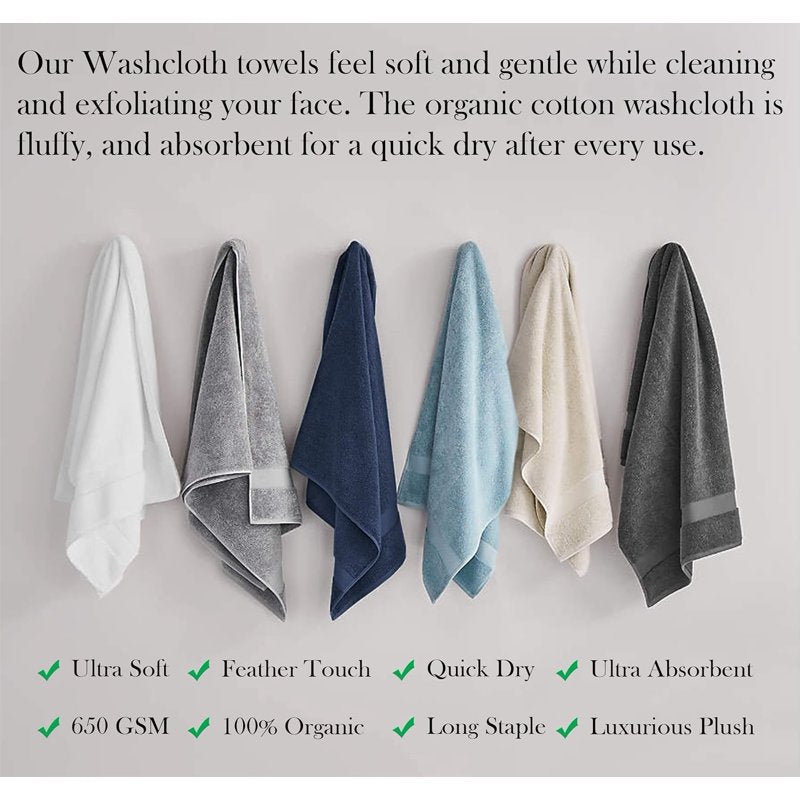 White Organic Cotton Washcloths 6-Pack - 13x13 Inch, Plush & Quick-Dry