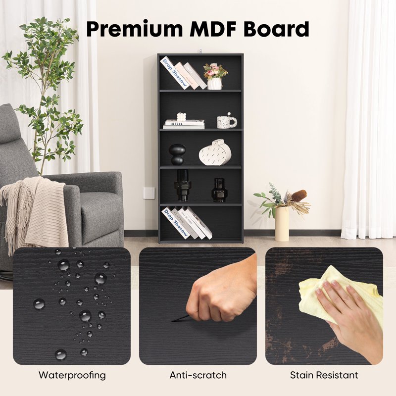5-Tier Wooden Bookcase - Adjustable Shelves, Anti-Tip Design