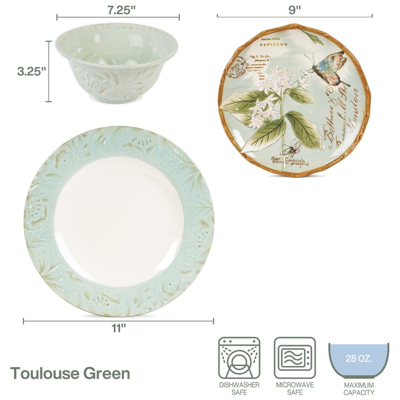 Toulouse 12-Piece Green Stoneware Dinnerware Set - Service for 4