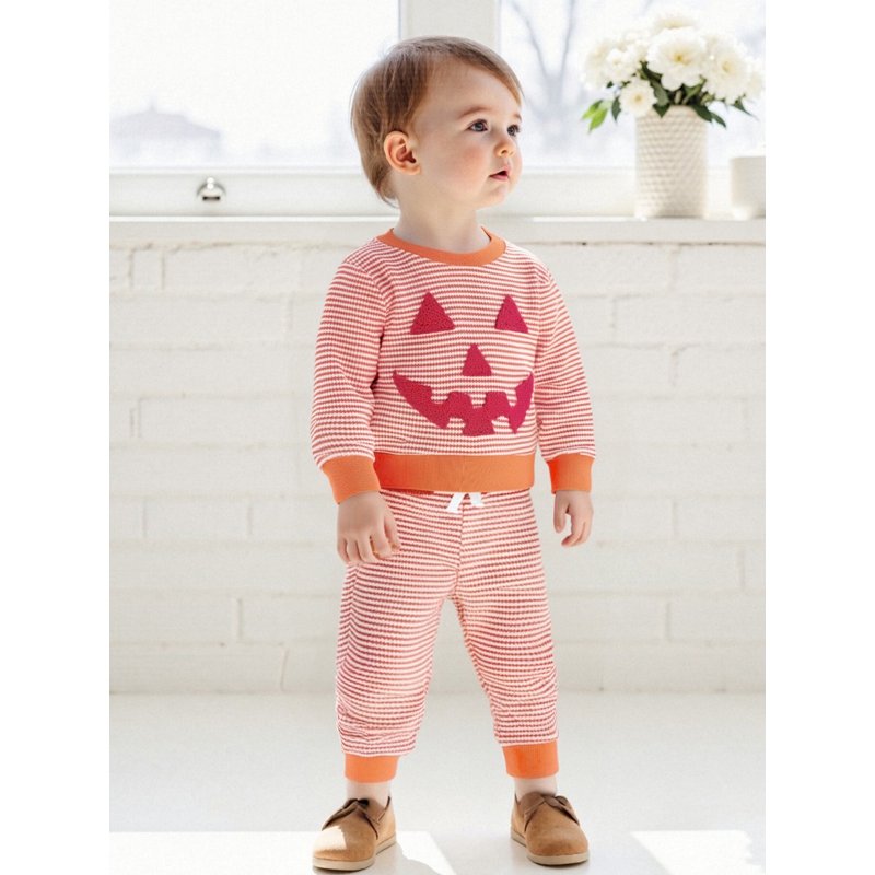 Toddler Boys Girls Halloween 2-Piece Pants Outfit Set - Pumpkin Embroidery & Striped Pants, Style 26, 2-3 Years