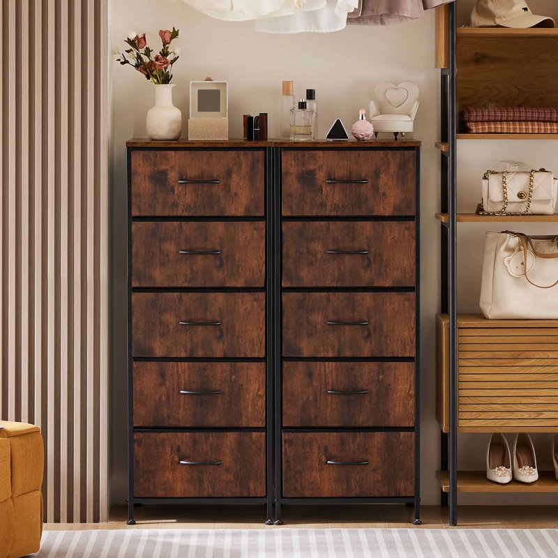 5 Drawer Fabric Dresser with Wooden Top - 5 Drawer Rust