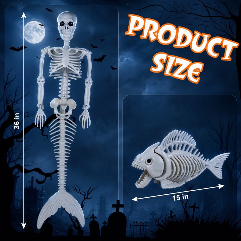 36-Inch Halloween Mermaid Skeleton with Flexible Joints for Indoor & Outdoor Decorations
