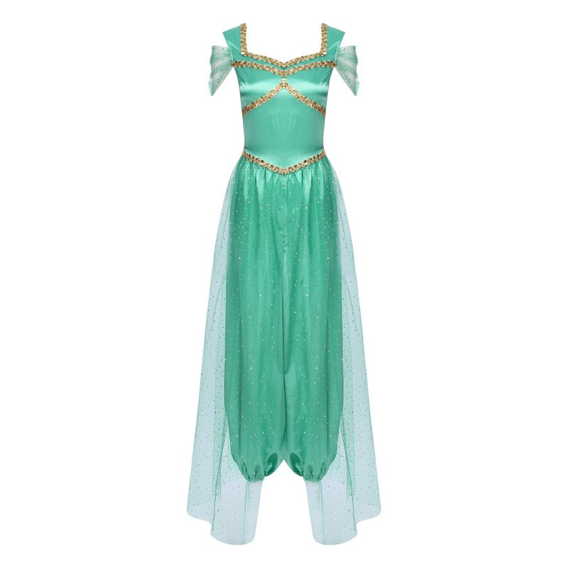 Women's Sequin Belly Dance Jumpsuit with Tulle Overlay - Turquoise 4XL