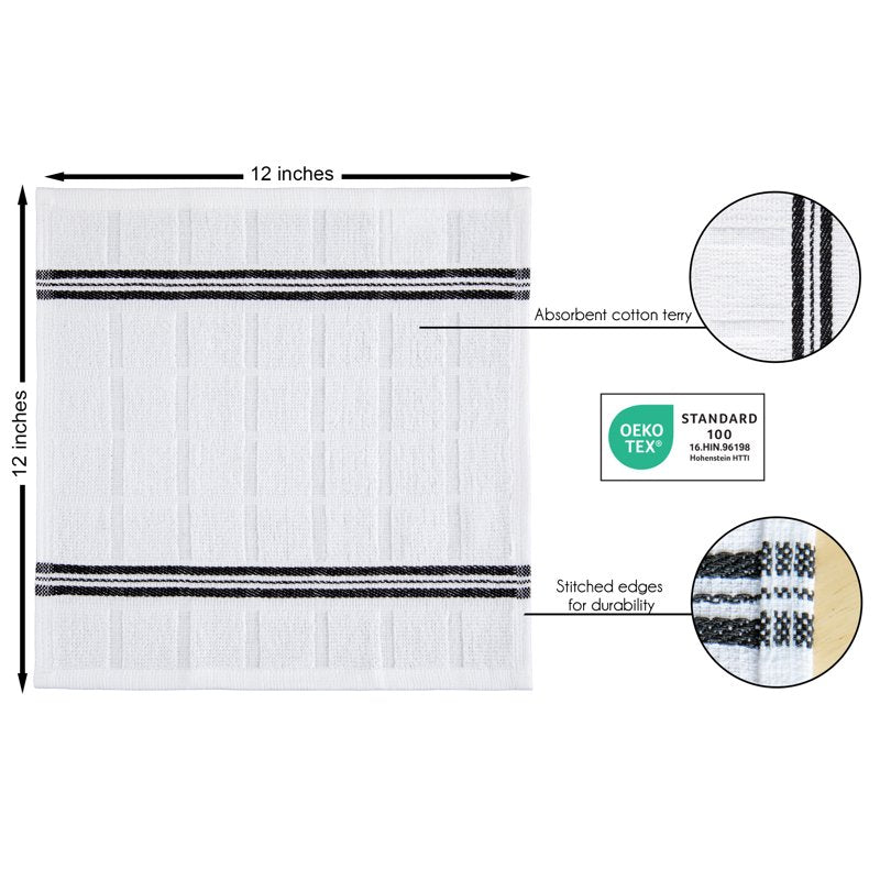 Cotton Dishcloths - 4 Pack, 12x12 Inches, Black Stripes