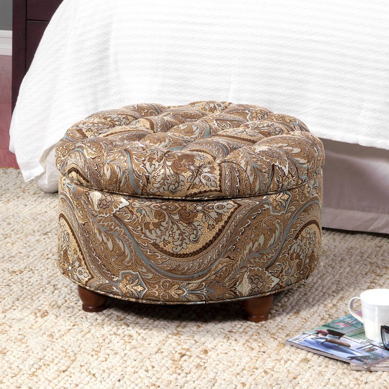 Round Storage Ottoman with Brown Paisley Fabric - 25"