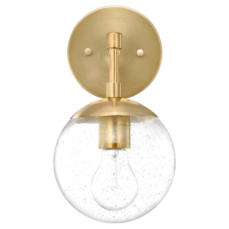 Satin Gold Modern Dimmable Wall Sconce with Clear Seedy Glass Globe Shade - Ideal for Bathrooms, Kitchens, Hallways