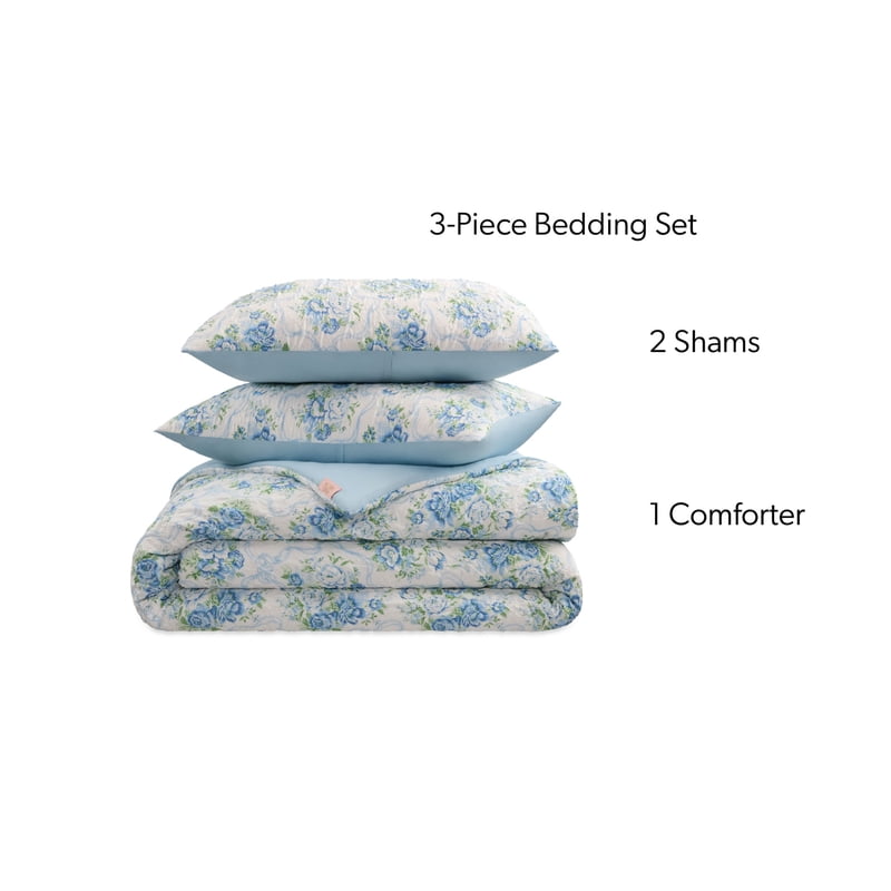 Paris Hilton 3-Piece Coquette Floral Blue Comforter Set - Full/Queen, Rose & Ribbon Design
