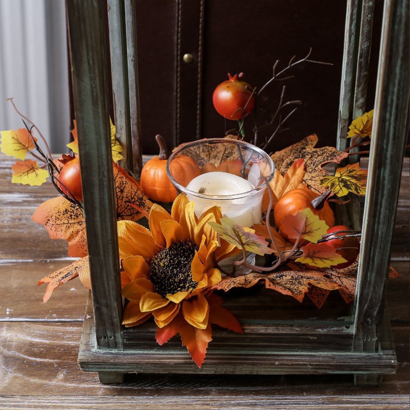 Autumn Pumpkin Maple Leaf Candle Ring Wreath - Fall Harvest Table Decor - Variation A