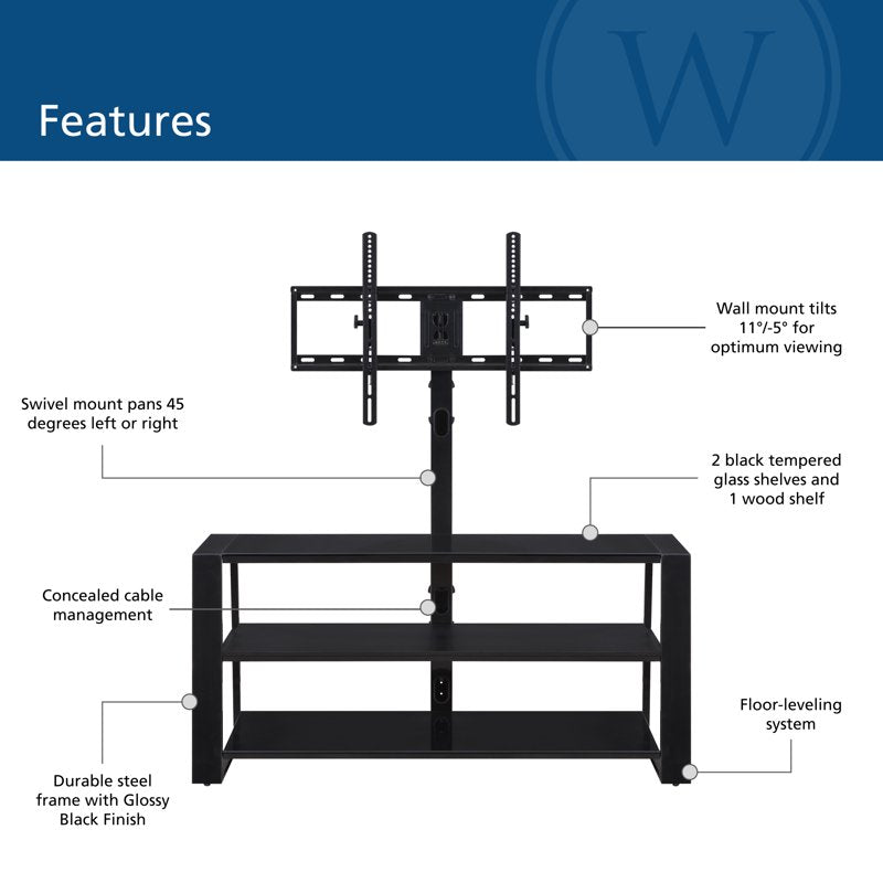 3-in-1 TV Stand for TVs up to 70” - Glassy Black Finish