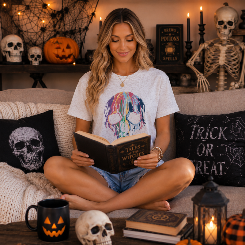 Women Skeleton Graphic T-Shirt Halloween Crew Neck Short Sleeve Tee - Gray White, 2XL
