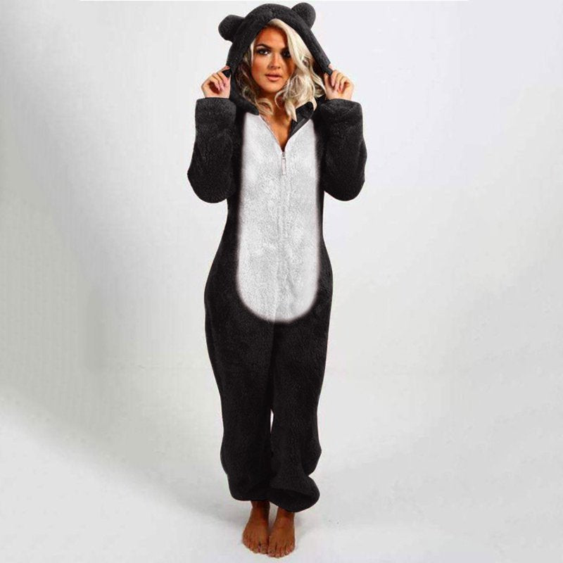 Women’s Sherpa Fleece Jumpsuit with Cat Hood, Black XL Winter Pajamas