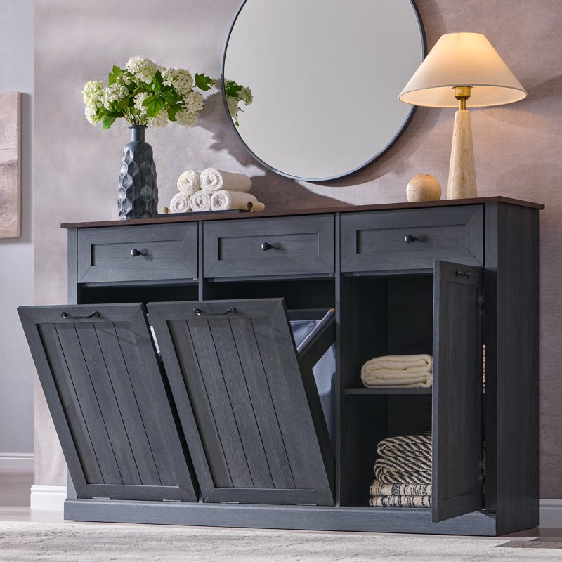 Triple Tilt Out Trash Can Cabinet - 20 Gallon Farmhouse Style - Grey