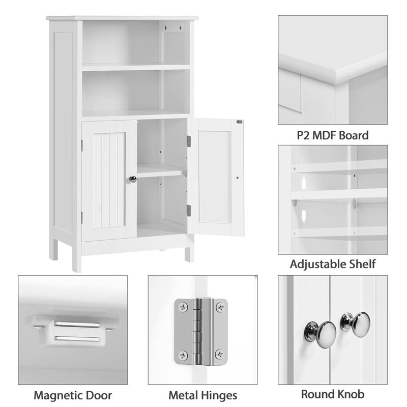 5-Tier Wooden Bathroom Floor Cabinet with Adjustable Shelves - White Storage Furniture