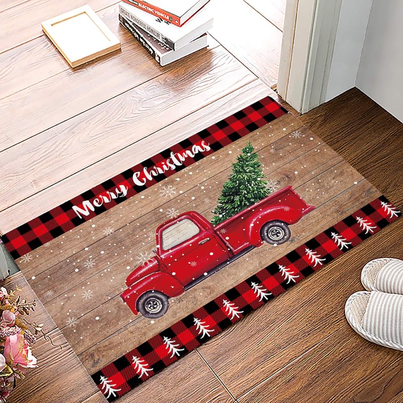 Christmas Brown Red Truck Welcome Door Mat - 30x18 Inch Non-Slip Holiday Rug