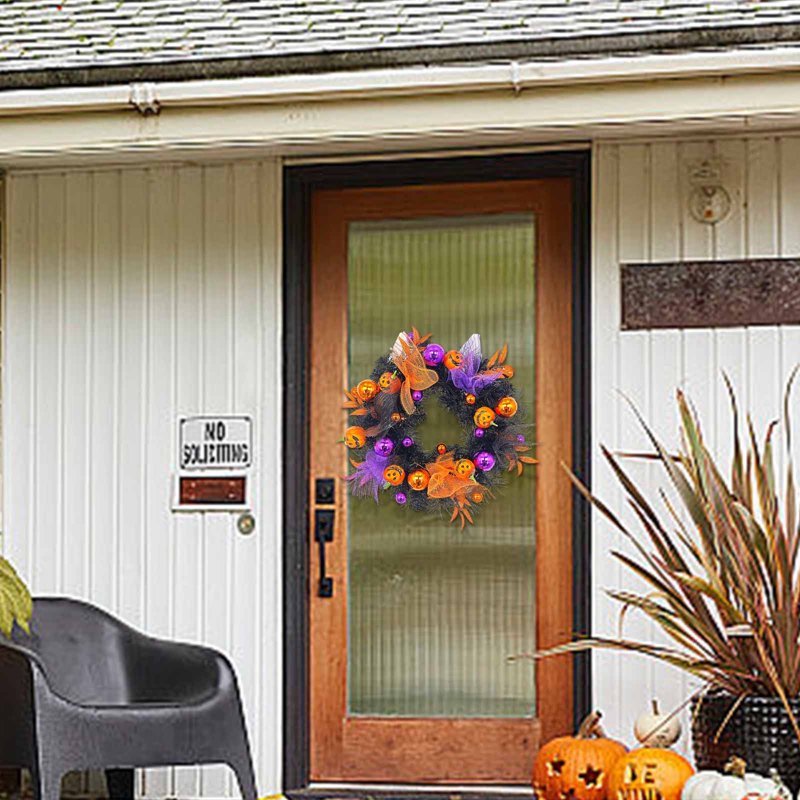 Halloween Jack-O'-Lantern Wreath with Lights - Round Fall Decor for Door or Wall - 19.69 Inch