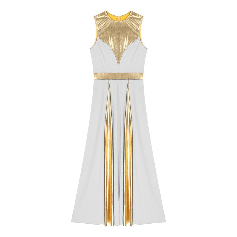 Women's Sleeveless Worship Dance Dress with Metallic Patchwork - White, M