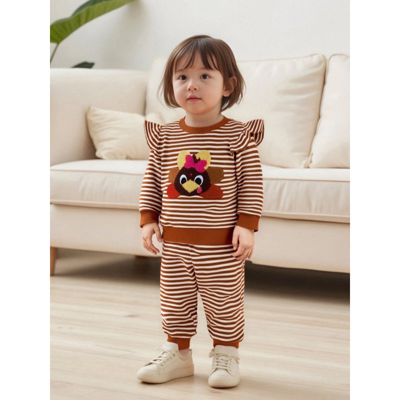 Toddler Girls Pumpkin Embroidery Sweatshirt & Striped Sweatpants Set - Style 32, 2-3 Years