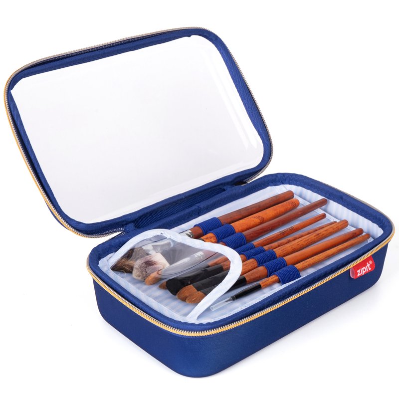 Large Hard Shell Travel Makeup Bag with Transparent Lid and Brush Holders