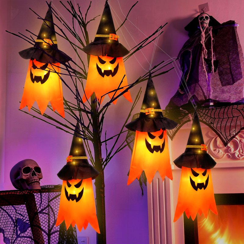 Halloween Ghost Decorations Indoor Outdoor with Witch Hat Lights - Orange, 5 Pack