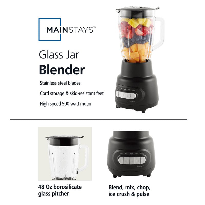 5-Speed Glass Blender with 48 Oz Jar - 500W Ice-Crushing Kitchen Appliance