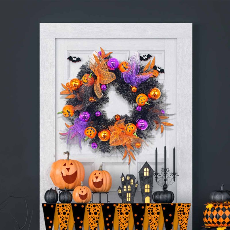 Halloween Jack-O'-Lantern Wreath with Lights - Round Fall Decor for Door or Wall - 19.69 Inch