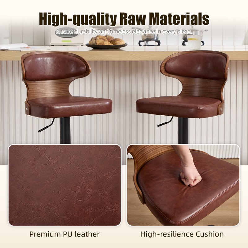 Swivel Bar Stools Set of 2 - Wooden Kitchen Chairs with Back, Brown