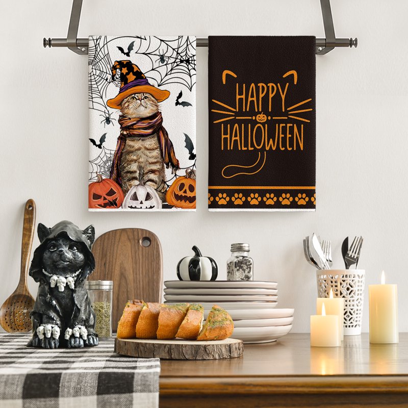 Halloween Spider Web Jack-O'-Lantern Pumpkin Kitchen Dish Towels Set of 2 - 18x26 Inch E