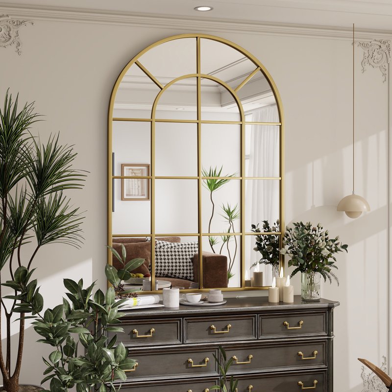 24x36 Arched Windowpane Bathroom Wall Mirror - Gold