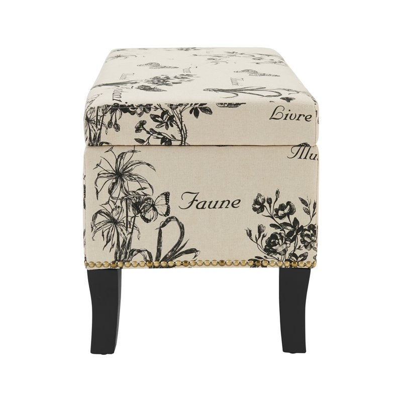 Botanical Linen Ottoman with Storage - Black Finish
