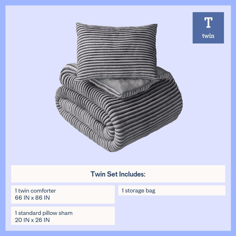 Kids Twin Comforter Set - Gray Plush Ribbed Corduroy Bedding, 2 Pieces
