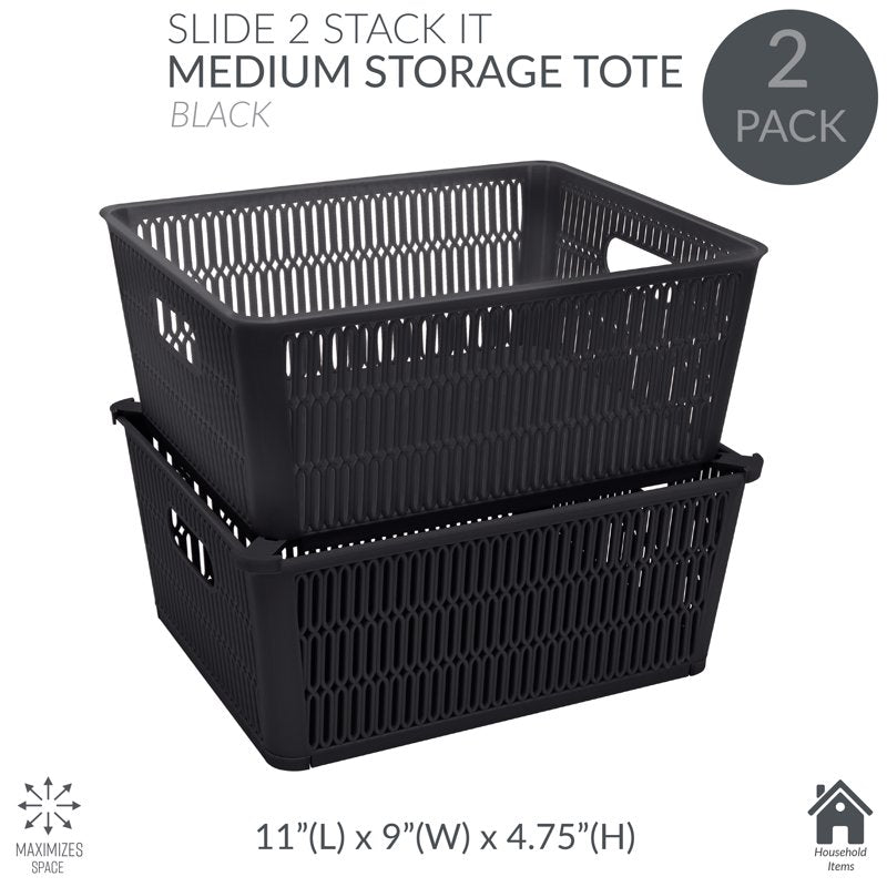 Black 2-Pack Plastic Storage Totes with Slide to Stack Design - Max 40lbs