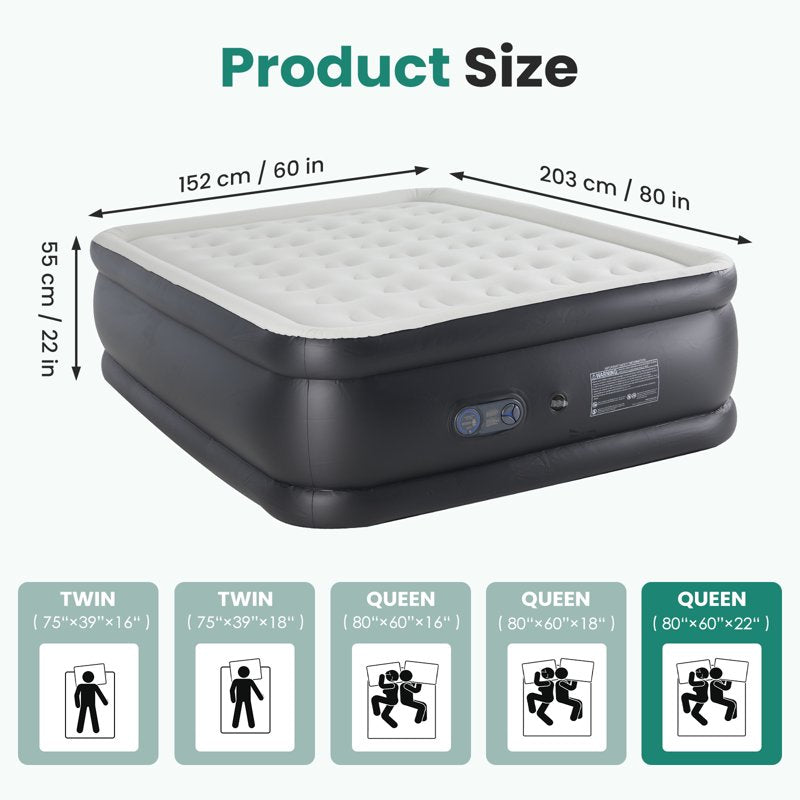 Queen Size 22-Inch Air Mattress with Built-In Pump - Inflatable Bed for Home & Travel - Gianna Variation Queen 22 in