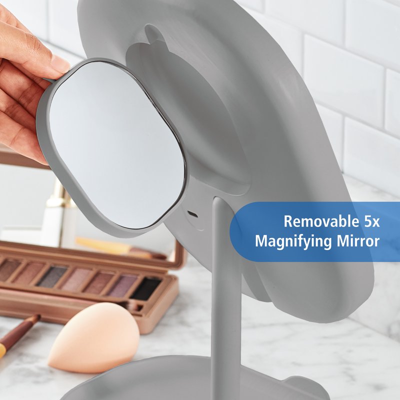 Rechargeable LED Vanity Mirror with 5x Magnification and Storage Tray