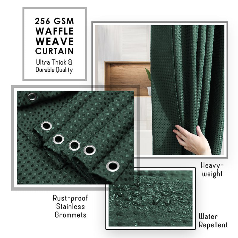 Hunter Green Waffle Shower Curtain - Heavy Duty 72x72 Inch Bathroom Fabric, Luxury Hotel Style, Single