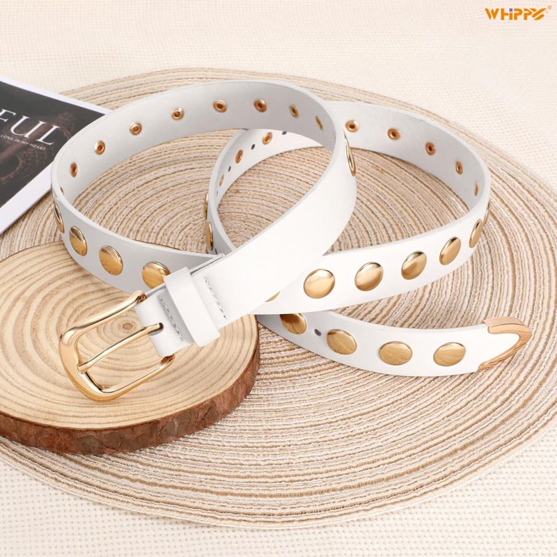 Women's Leather Belt for Jeans Dresses - Studded PU Belt with Gold & Silver Buckle - White, Fit Waist 36-40"