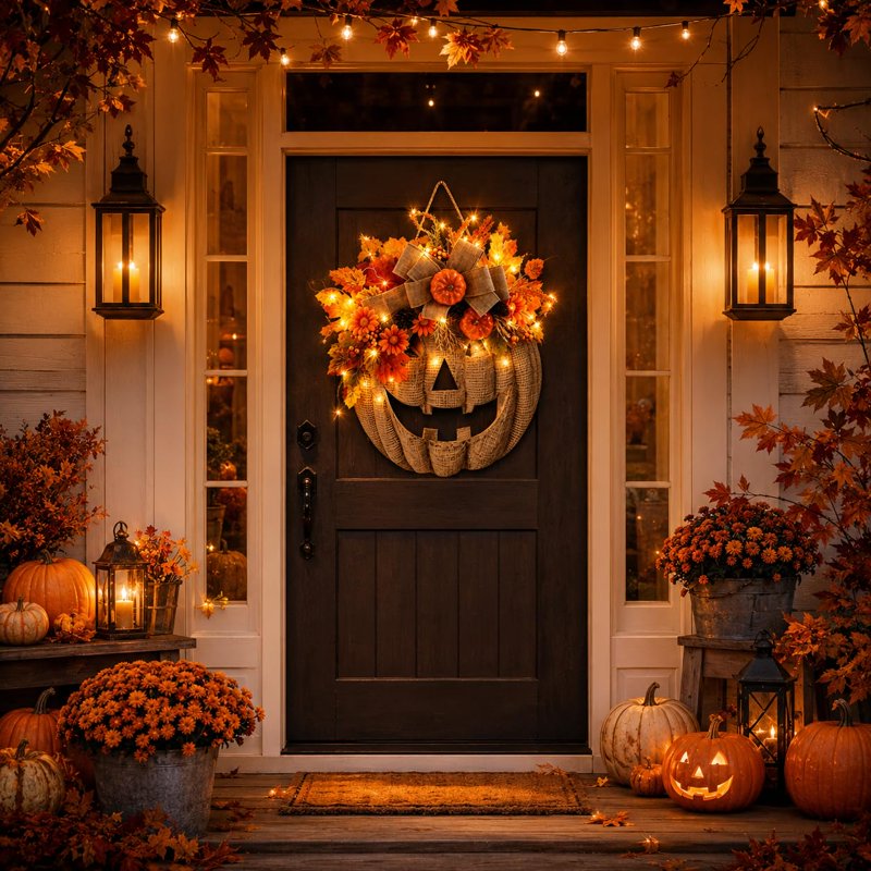 Lighted Burlap Pumpkin Wreath - 13.78-Inch Fall Door Decor with LED Fairy Lights