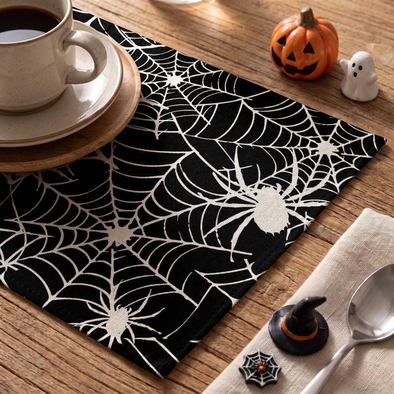 Halloween Spider Web Placemats Set of 4 - 12x18 Inch Indoor Outdoor Table Decor