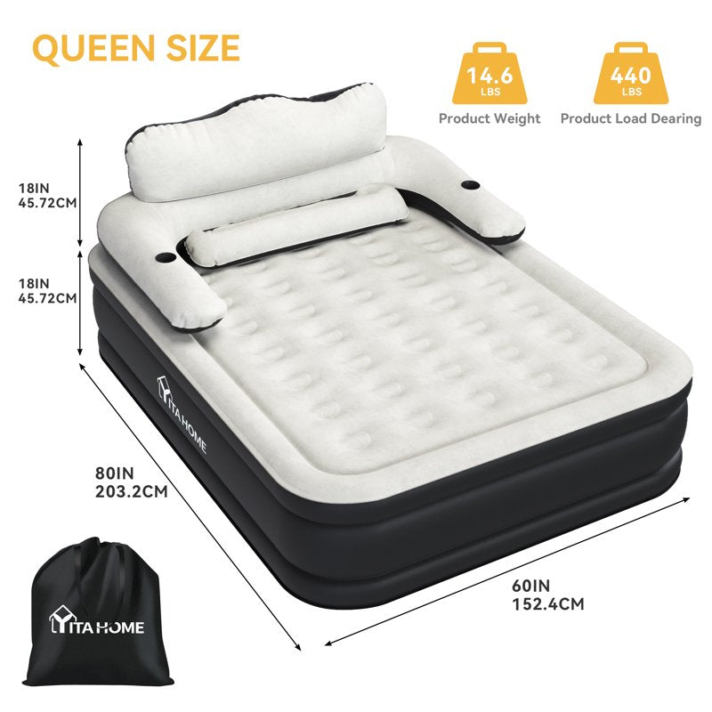 Queen Air Bed with Detachable Headboard & Built-In Pump - Portable Inflatable Mattress