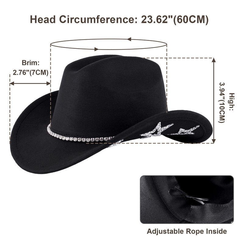 Black-Star Wide Brim Cowboy Hat with Rhinestone Glitter Band – Unisex Western Rodeo Hat for Men Women, Outdoor & Party Wear