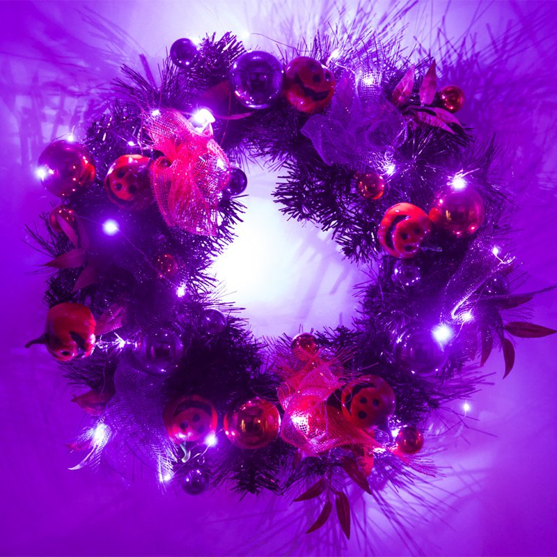 Halloween Jack-O'-Lantern Wreath with Lights - Round Fall Decor for Door or Wall - 19.69 Inch