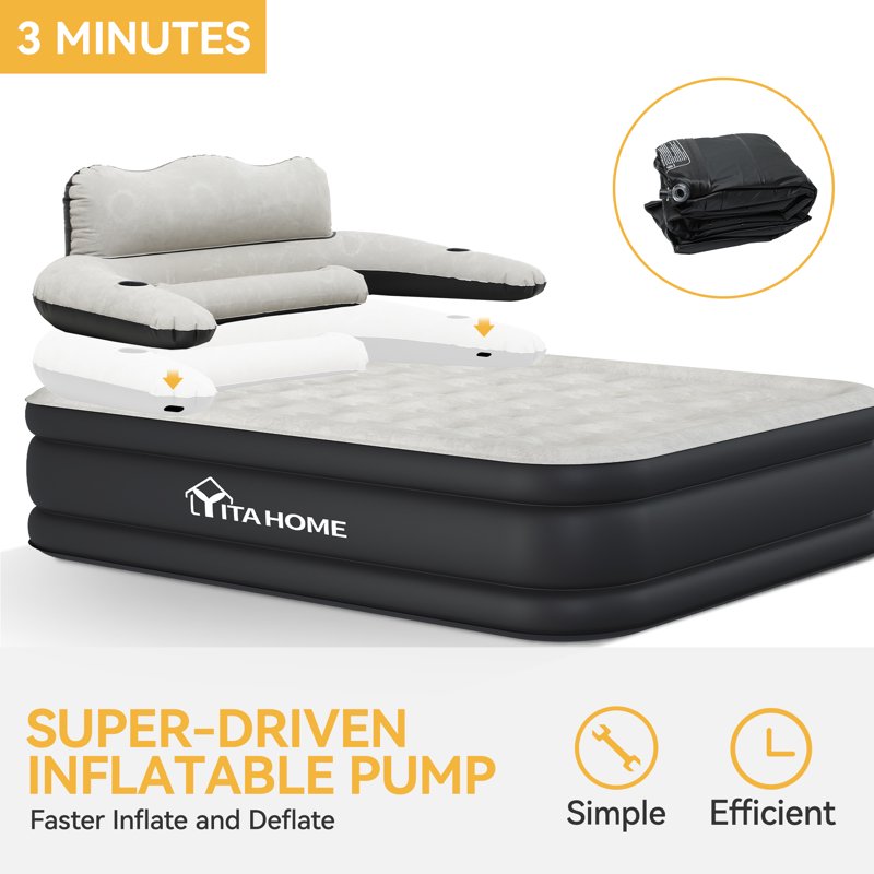 Queen Air Bed with Detachable Headboard & Built-In Pump - Portable Inflatable Mattress