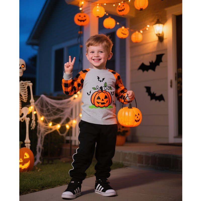 Kids Halloween Pumpkin Graphic Long Sleeve T-Shirt - Gray 6T - Boys Costume Top